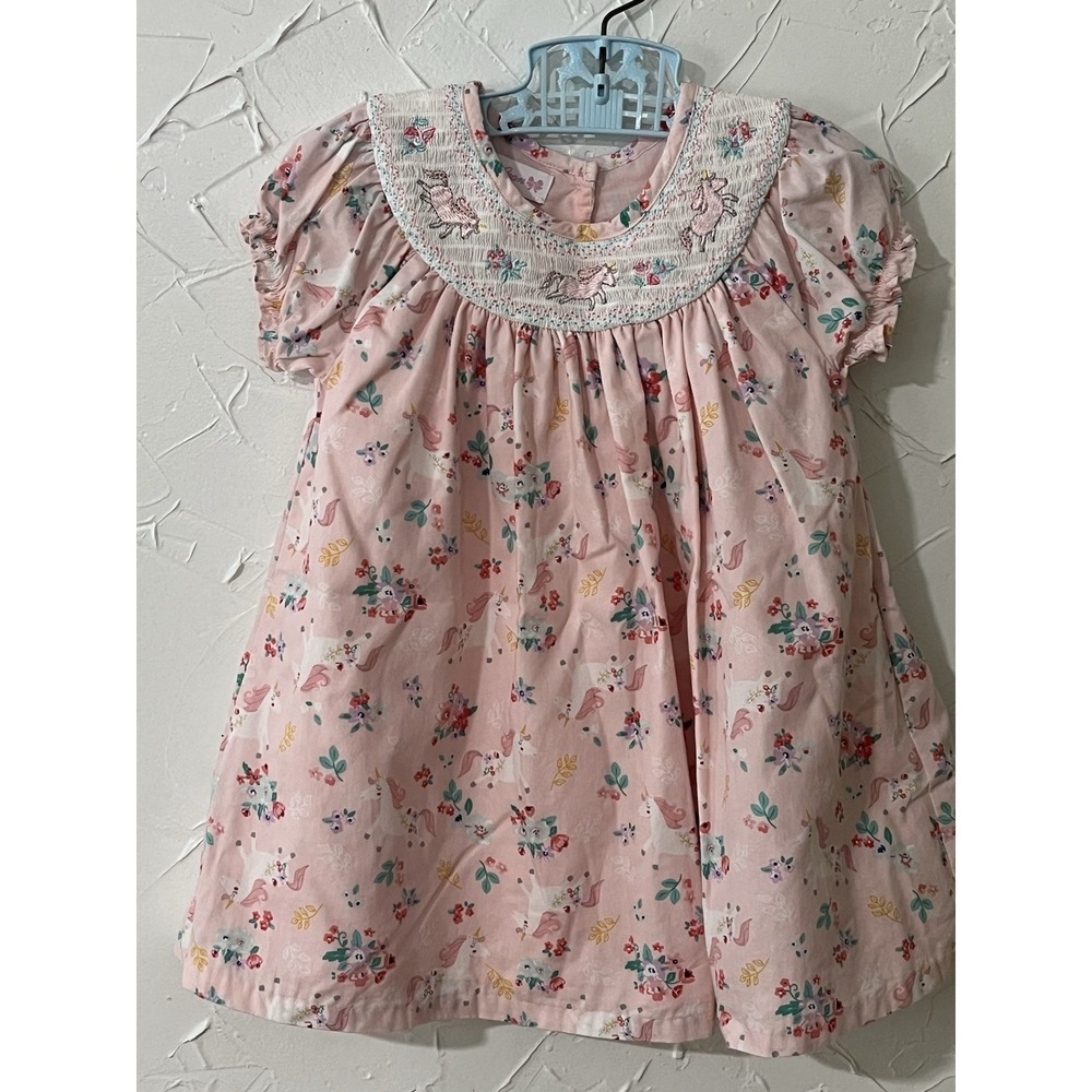 Bonnie Jean Pink Unicorn Floral Print Smocked Dress Girls Size 2T